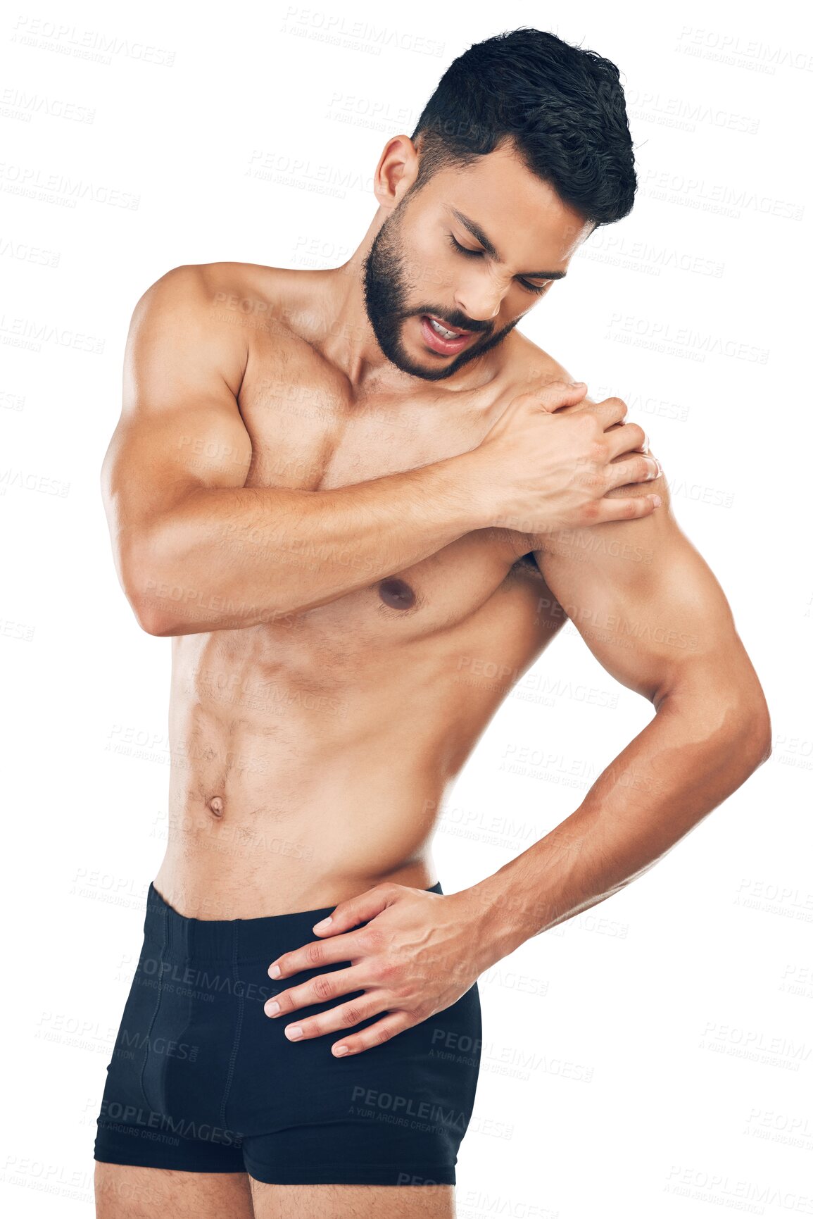 Buy stock photo Shoulder pain, injury and fitness man in underwear isolated by a transparent png background. Inflammation, hurt muscle and a male model with muscular body holding sprain arm after workout or exercise