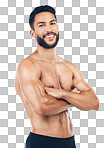 Man, fitness portrait and healthcare wellness for bodycare motivation lifestyle. Young sports person, healthy body model and exercise bodybuilding training isolated on a png background