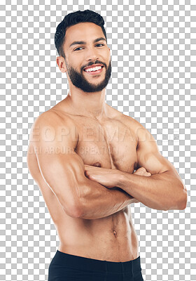 Buy stock photo Portrait, arms crossed or happy man in underwear for fitness after workout isolated on transparent png background. Muscular male model, smile or proud athlete with muscles after exercise or training