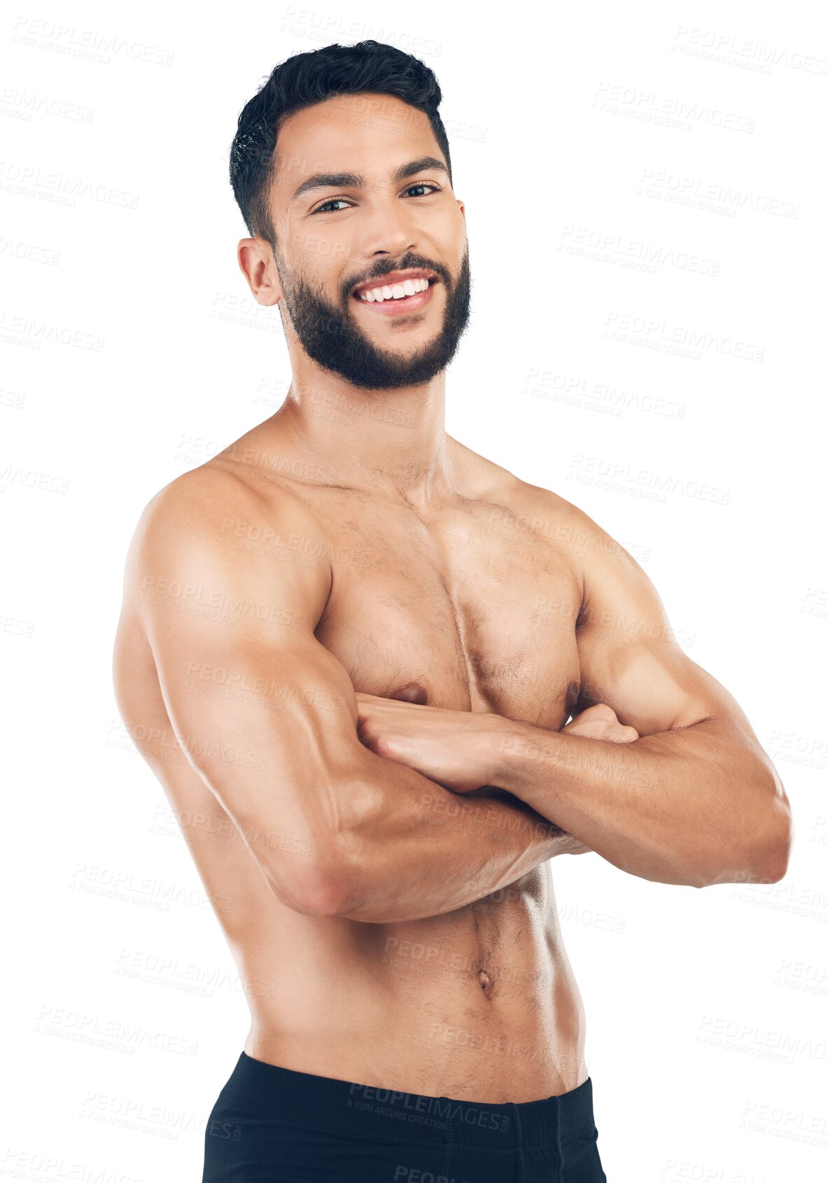 Buy stock photo Portrait, arms crossed or happy man in underwear for fitness after workout isolated on transparent png background. Muscular male model, smile or proud athlete with muscles after exercise or training