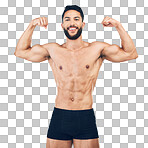 Fitness, biceps and man flexing arms isolated on a png background with muscle growth and development in training exercise. Workout, gym and happy healthy bodybuilder from Mexico with muscular health