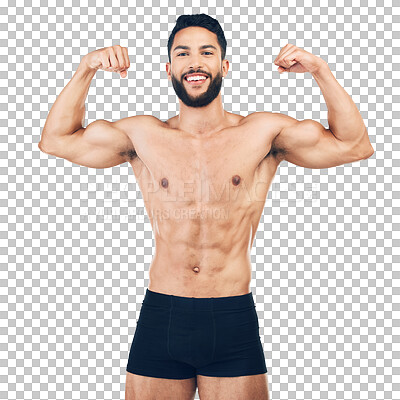 Buy stock photo Portrait, flexing arms or happy man with fitness or wellness after workout isolated on transparent png background. Muscular model, six pack abs or strong athlete with muscles in exercise or training