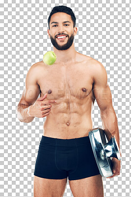 Fitness, apple and scale of happy man with lifestyle balance against isolated on a png background. Gym, exercise and portrait of happy, healthy and athlete with fruit for nutrition and weight