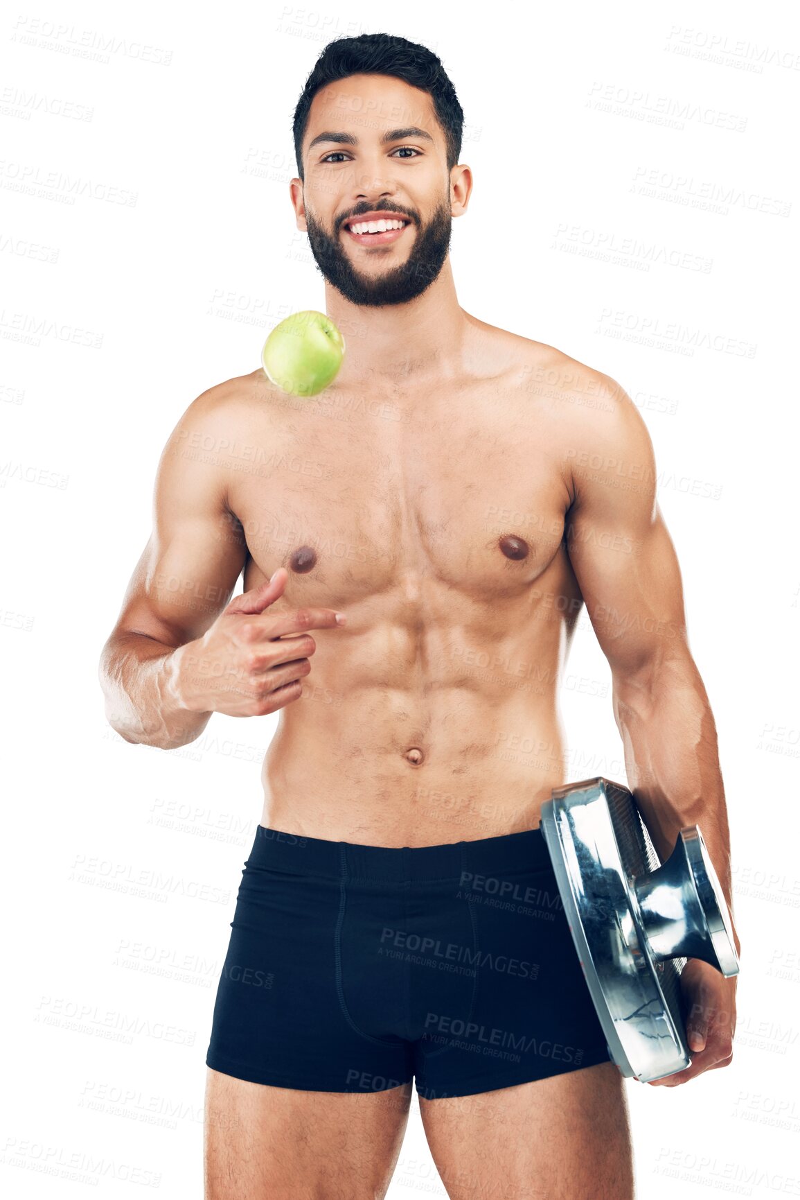 Buy stock photo Fitness, apple and scale of happy man in lifestyle balance isolated on a transparent png background. Gym, exercise or portrait of male smiling for healthy diet with fruit for nutrition or weight loss