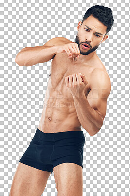 Body, muscle and boxing with a man athlete isolated on a png background for sports or fitness. Healthy, muscular and training with a macho male boxer inside for exercise or a bodybuilding workout