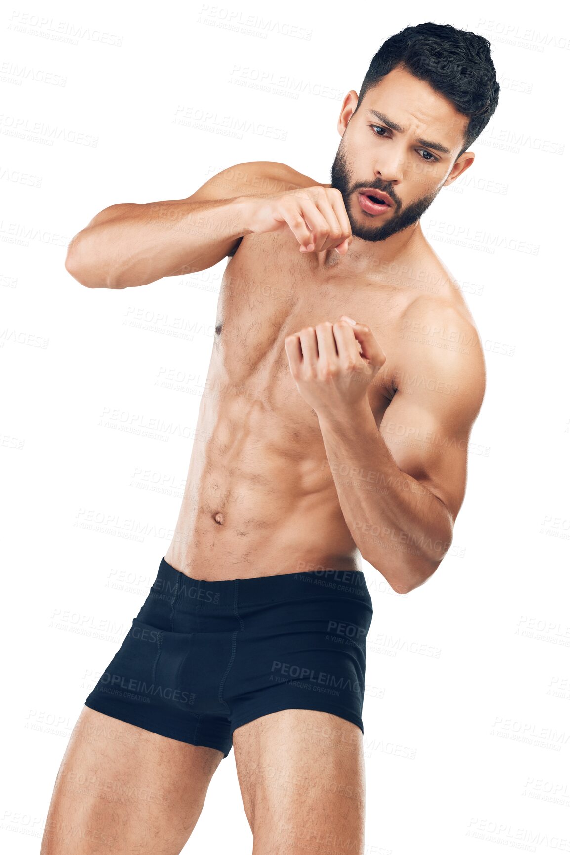 Buy stock photo Fitness, body and boxing, topless man isolated on transparent png background for exercise fight. Sports, workout and power, young male boxer model posing with hands in muscle training or martial arts