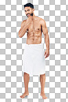 Man, shower and body grooming in towel for beauty, care and relax wellness. Portrait of young model, happy skincare and luxury body care or skin cosmetic treatment isolated on a png background