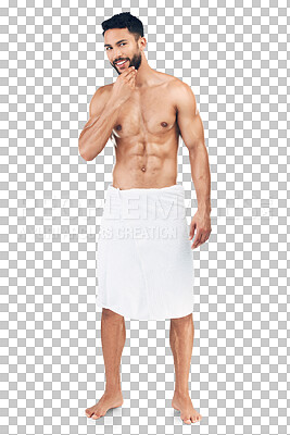 Buy stock photo Full body portrait, shower or happy man with smile for facial hair isolated on transparent png background. Wellness, cleaning or healthy model washing for skincare beauty routine or beard grooming 