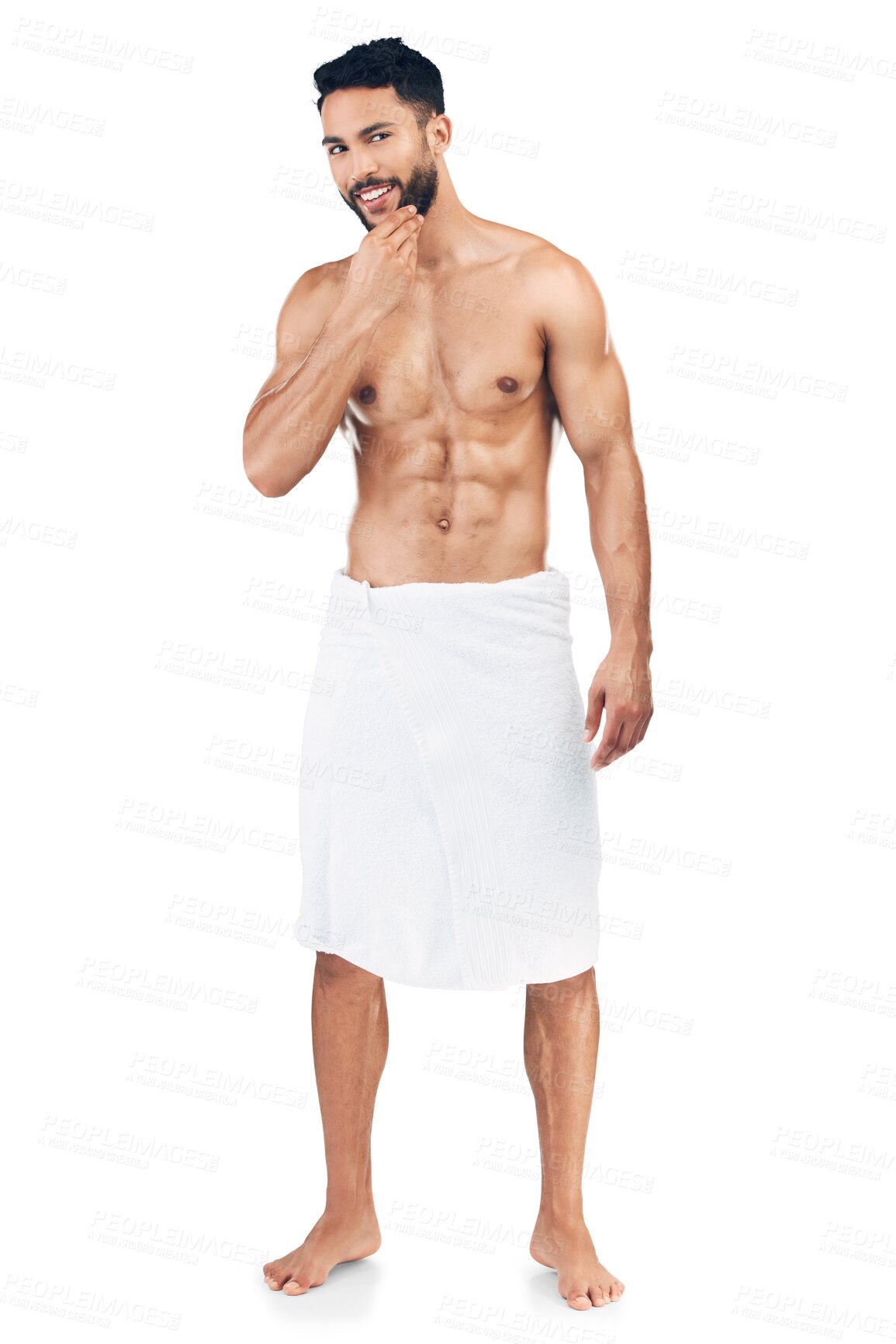 Buy stock photo Full body portrait, shower or happy man with smile for facial hair isolated on transparent png background. Wellness, cleaning or healthy model washing for skincare beauty routine or beard grooming 