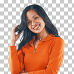 Portrait, smile and woman with stylish hair and happiness while isolated on a transparent, png background. Contemporary style and hispanic female with confidence and hair pride in fashion