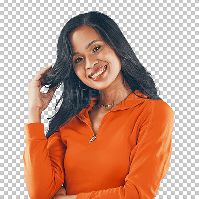 Portrait, smile and woman with stylish hair and happiness while isolated on a transparent, png background. Contemporary style and hispanic female with confidence and hair pride in fashion