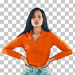 Attitude, style and portrait of a serious woman with a fashionable, aesthetic outfit while isolated on a transparent png background.  Contemporary fashion, confident latino female face with clothing