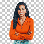 Confident, arms crossed and happy woman portrait with smile for aesthetic, fashion outfit while isolated on a transparent png background. Laughing, cheerful and beautiful latino female with pride