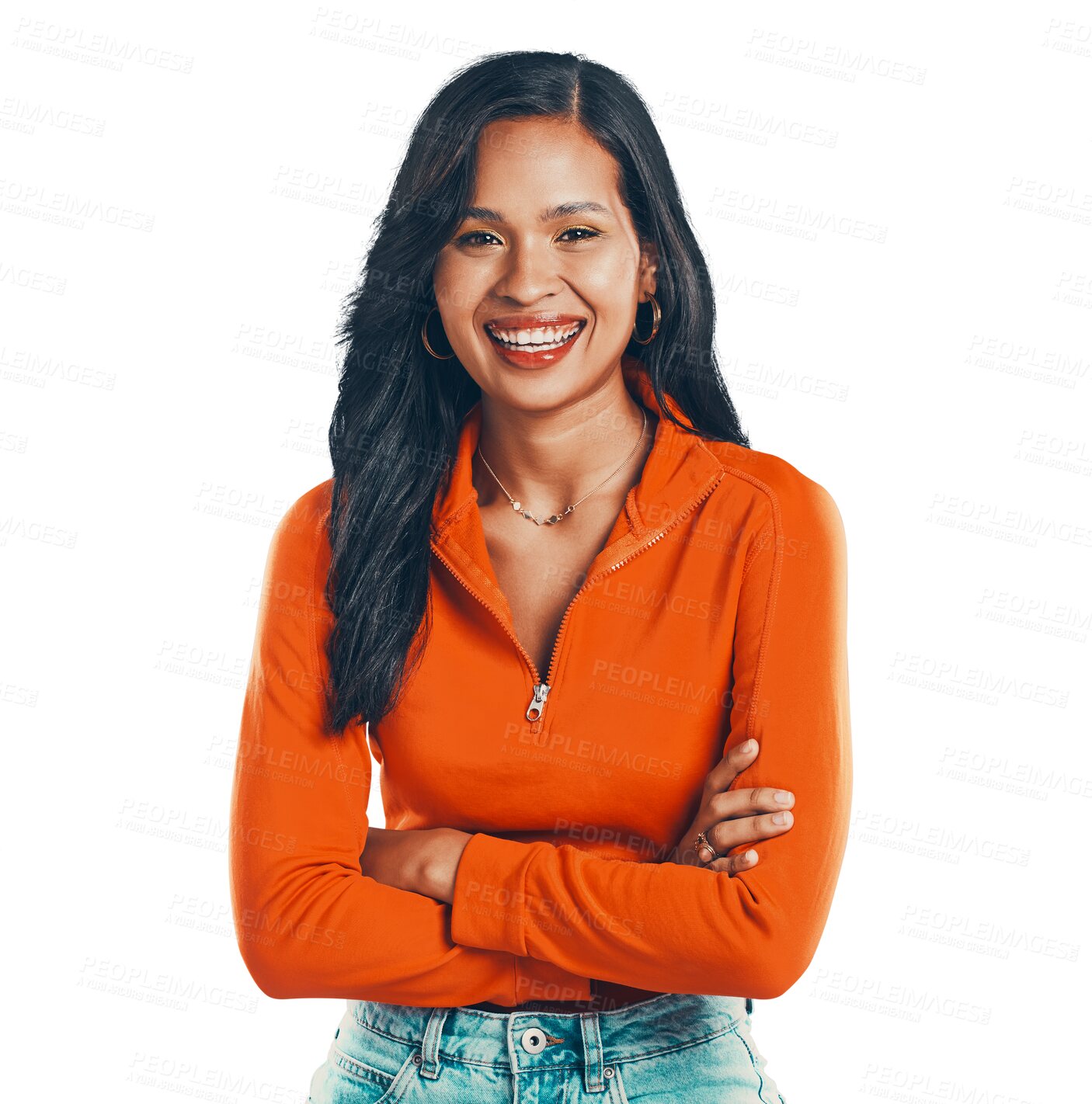 Buy stock photo Happy woman, portrait smile and arms crossed in confidence for fashion outfit or style. Beautiful or confident female smiling and laughing in stylish clothing isolated on a transparent PNG background