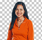 Portrait, smile and happy woman with casual style looking confident and content while isolated on a png background. Transparent, fashion and stylish hispanic female face with happiness about outfit