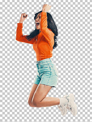 Excited, cheering and woman jump with joy about good news, success and winning while isolated on a transparent, png background. Successful, excitement and latino female jumping with aesthetic style