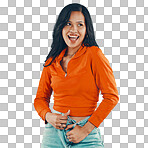 Happiness, idea and excited woman thinking about a fashion or style idea isolated on a transparent, png background. Contemplating, smile and ideas with a hispanic female with good news thought