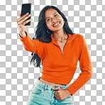 Smile, selfie and stylish woman taking a photo to post online as a fashion influencer while isolated on a transparent background. Happiness, cool fashionable model and cellphone picture on internet