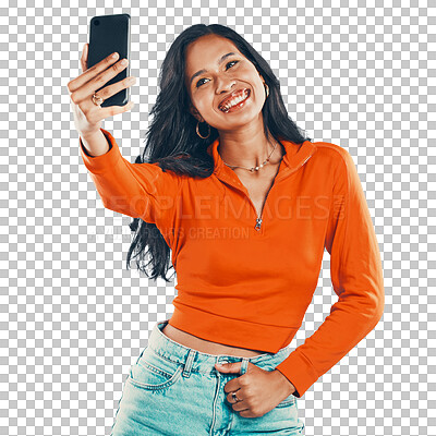 Buy stock photo Selfie, smile and woman taking photo isolated on transparent png background. Photograph, happiness and female person taking profile picture for social media, happy memory or blog post for influencer.