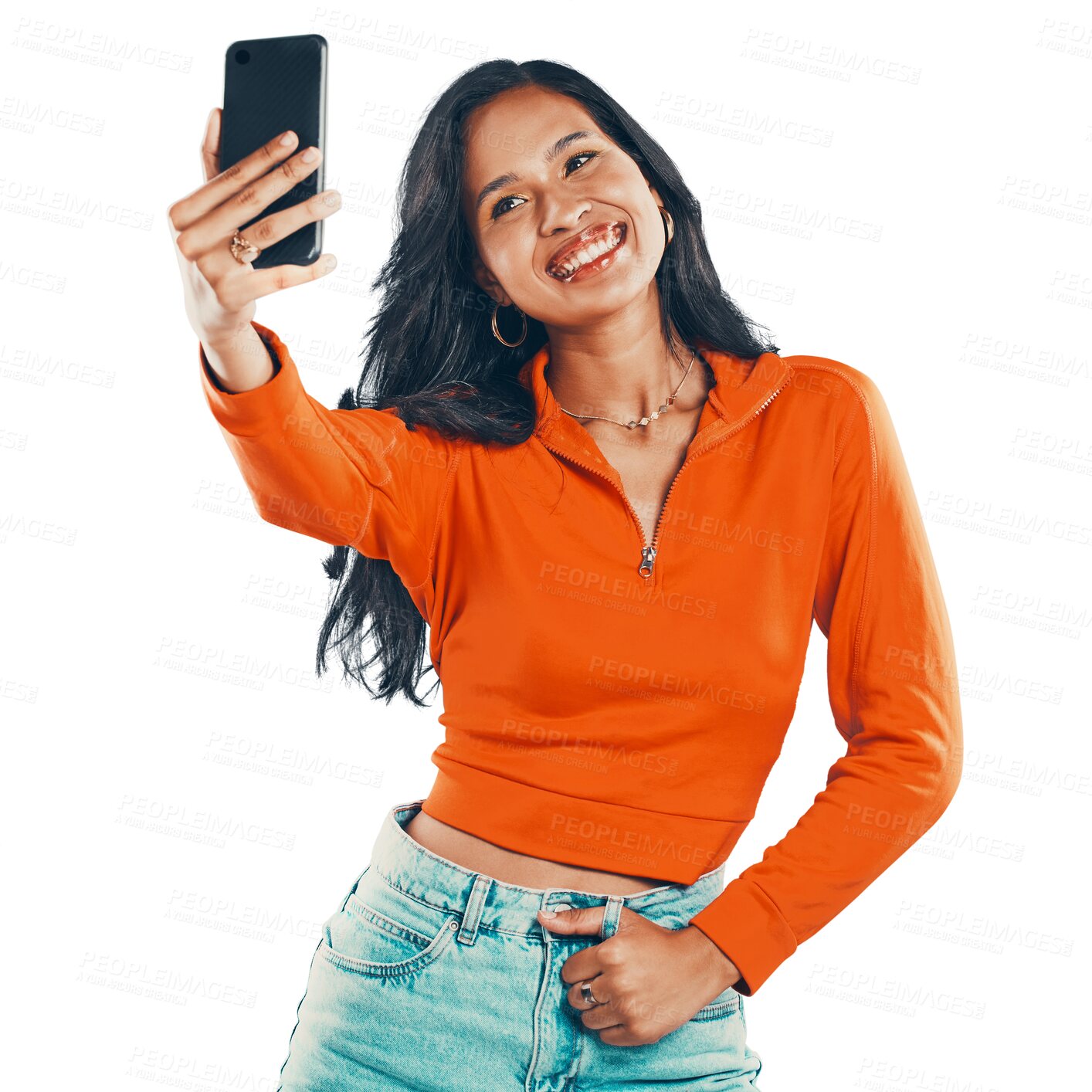 Buy stock photo Selfie, smile and woman taking photo isolated on transparent png background. Photograph, happiness and female person taking profile picture for social media, happy memory or blog post for influencer.