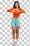 Style, heart and portrait of happy woman with a caring gesture while isolated on a transparent, png background. Happiness, fashion and hispanic female with loving hand sign in a contemporary outfit