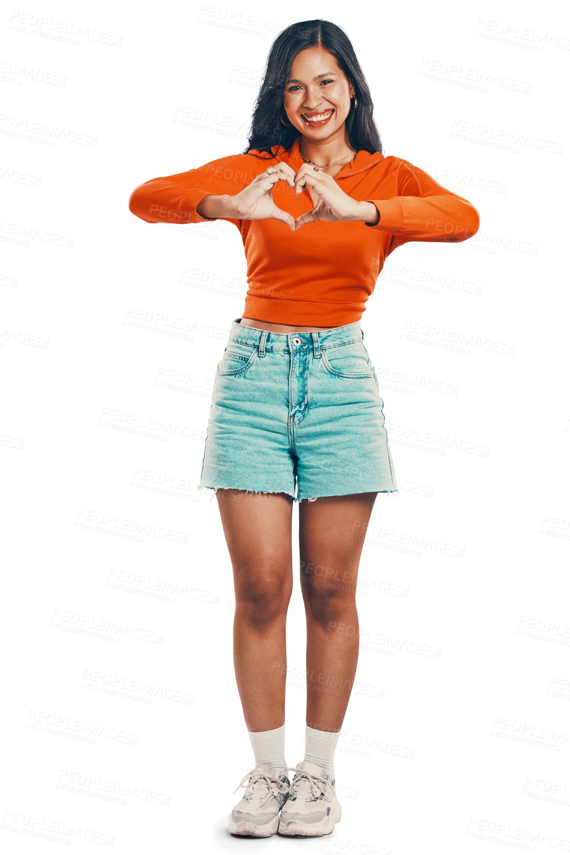 Buy stock photo Happy woman, portrait and hand heart or love, caring gesture and transparent png background. Happiness, isolated body and hispanic girl showing affection or loving sign, gen z romance and valentines 