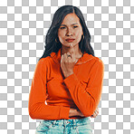 Face, thinking female with doubt about contemplating ideas isolated on a transparent png background. Thought, unsure and worry with a latino woman think about idea with casual fashion and style