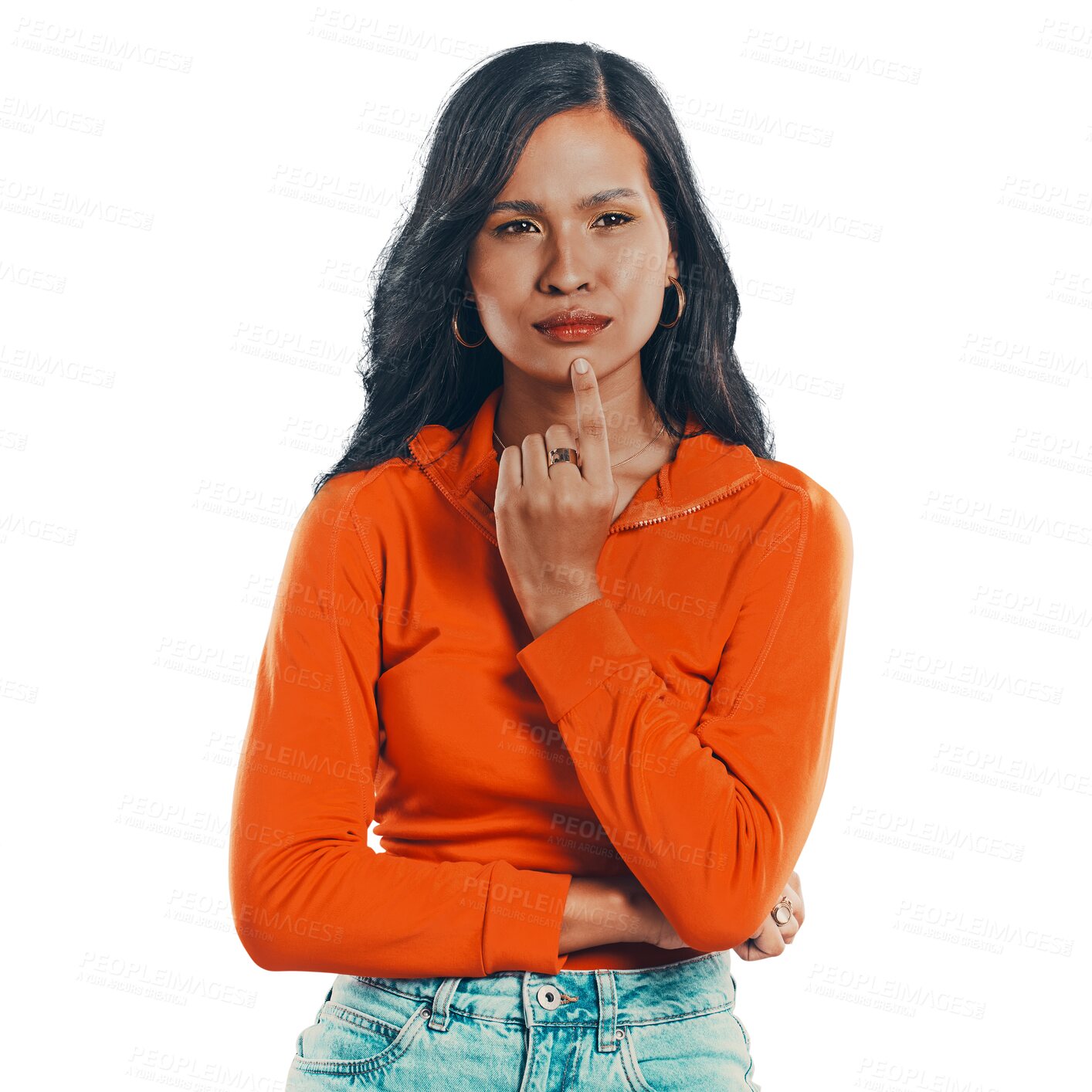 Buy stock photo Thinking, ideas and face of woman with doubt or worry isolated on transparent png background. Brainstorming, idea and model in Thailand with finger on chin, brain fog and planning solution to problem