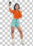 Fashion, pout and stylish woman taking selfie to post online while isolated on a transparent, png background.  Kiss, style and contemporary hispanic female taking a social media photo on a cellphone