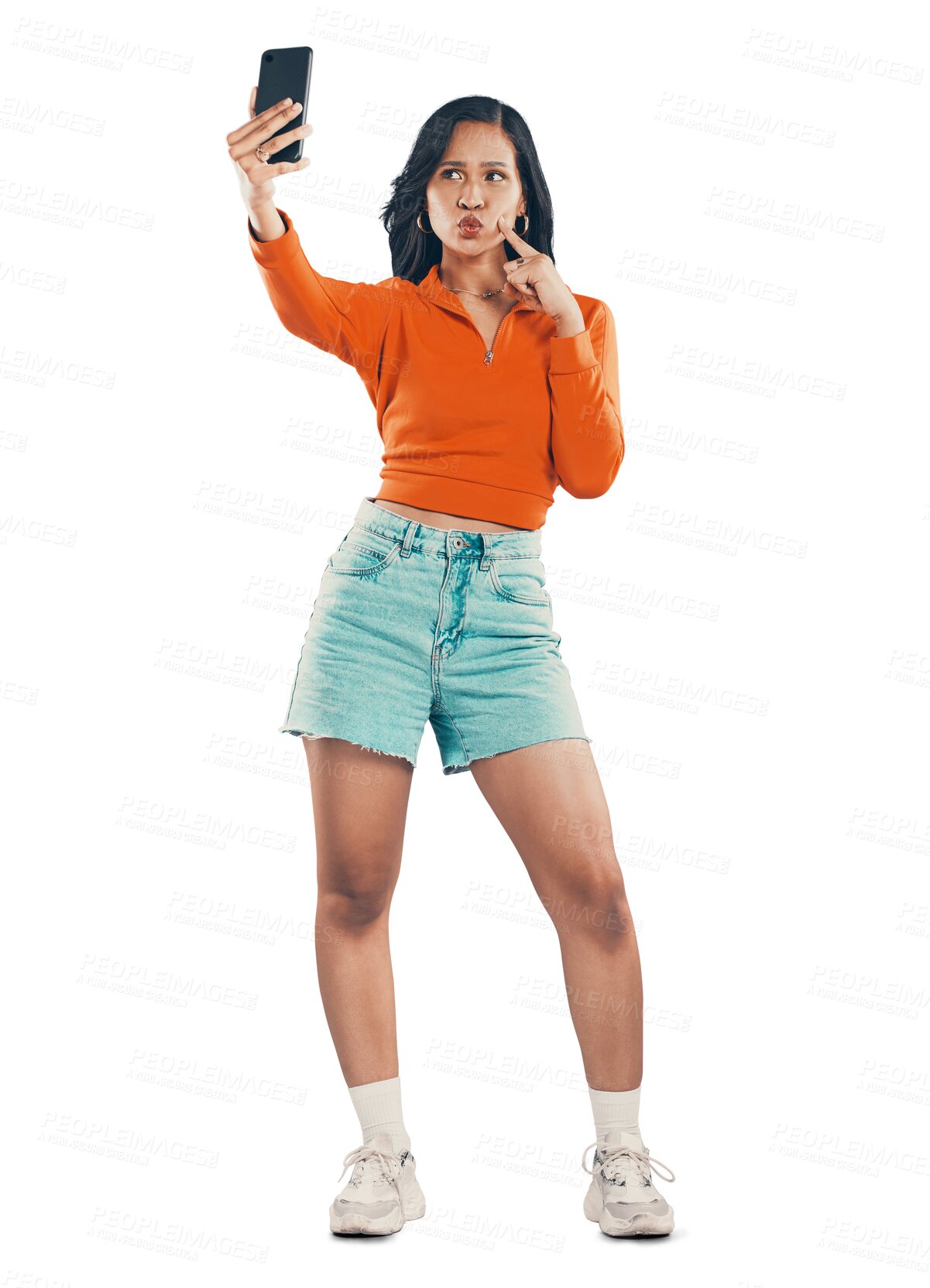 Buy stock photo Fashion, pout and stylish woman taking selfie to post online while isolated on a transparent png background.  Kiss, style and contemporary female model taking social media photo on mobile smartphone