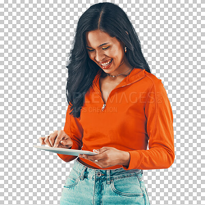 Browsing, tablet and happy woman searching online for fashion, ecommerce shopping deals while isolated on a transparent, png background. Contemporary style and latino female digital scrolling