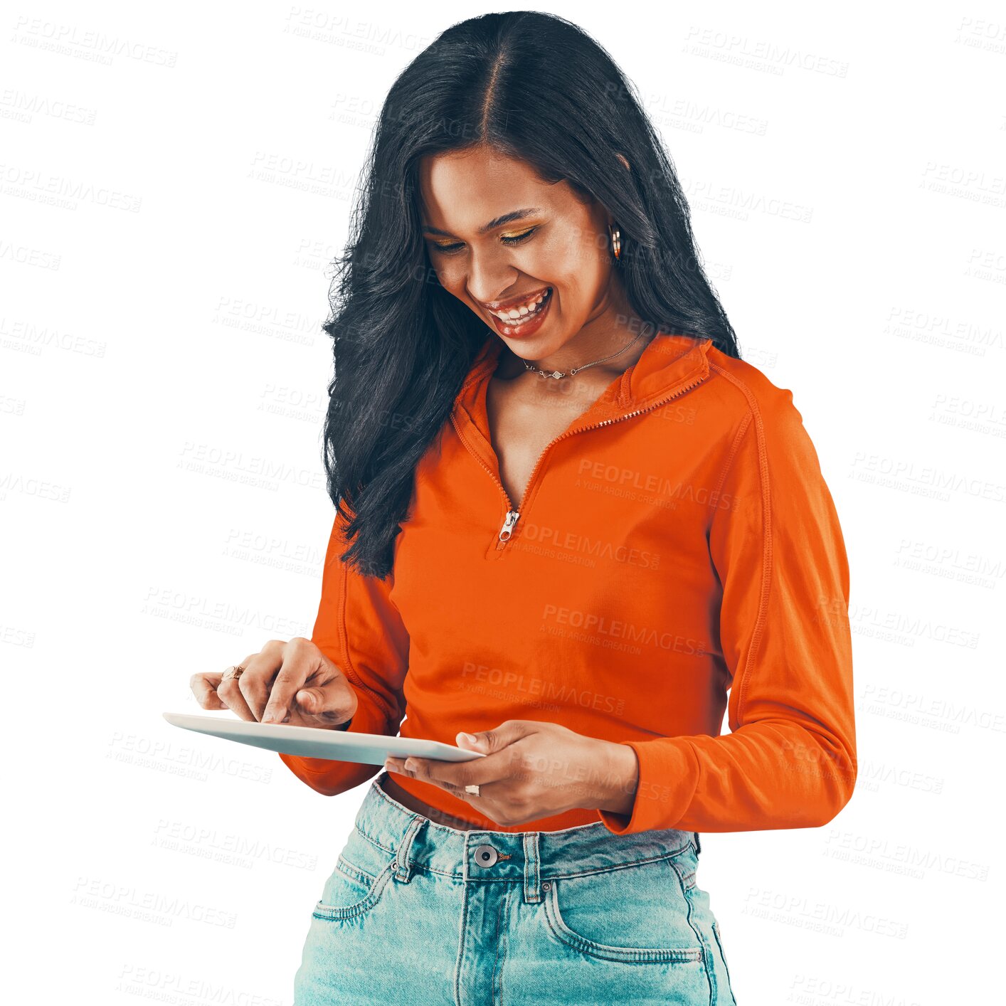 Buy stock photo Tablet, social media and smile with an indian woman on PNG, isolated against a transparent background. Technology, internet and connection with a happy attractive young female person browsing online