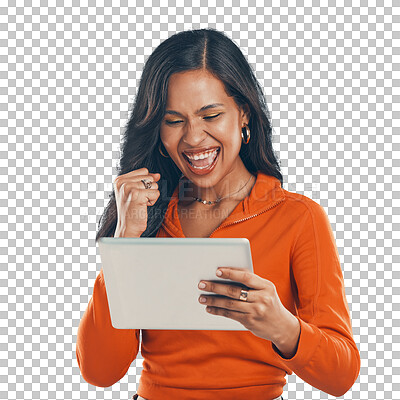 Excited, cheering and woman with tablet success for online good news while isolated on a transparent, png background. Winning, digital prize and latino female on a successful internet website