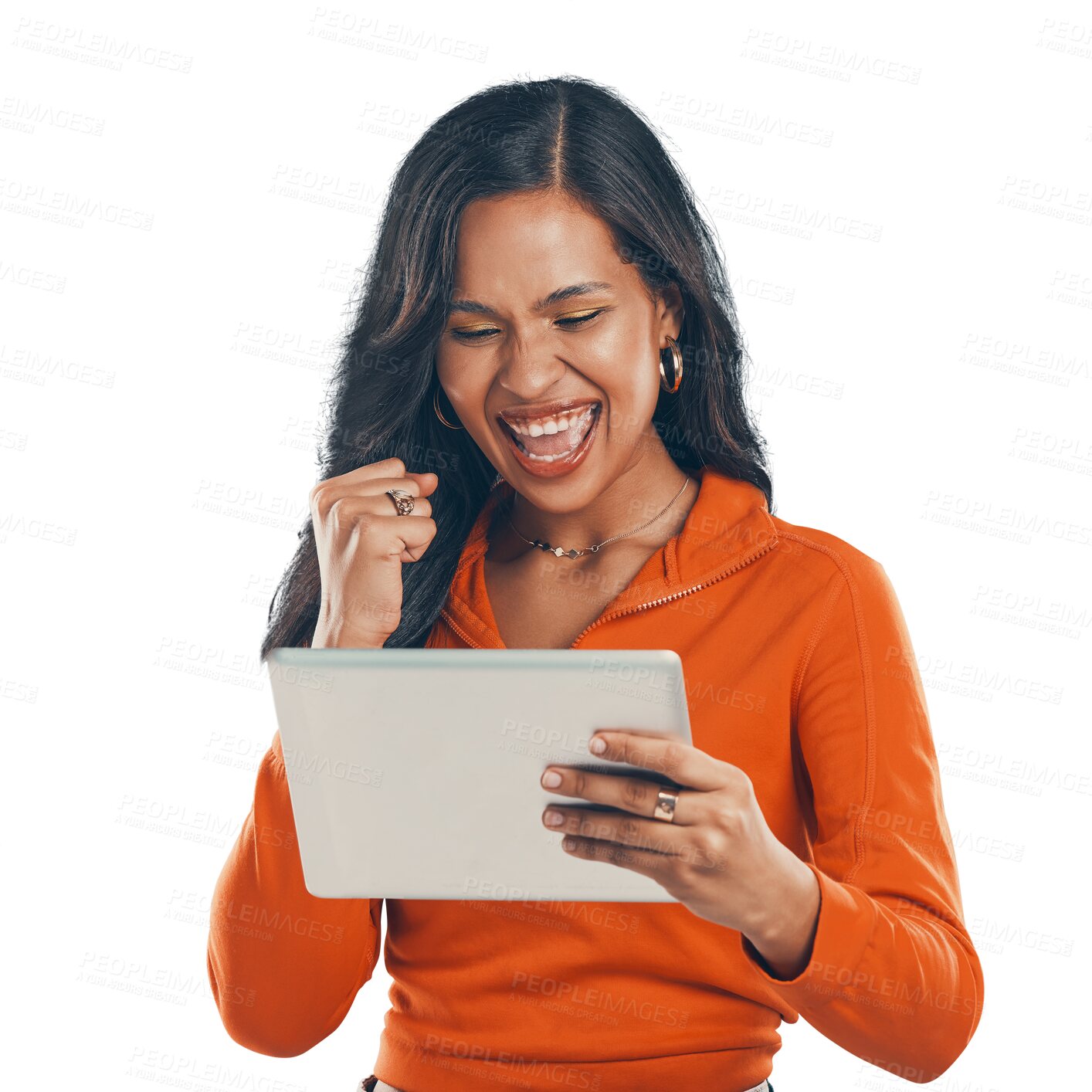 Buy stock photo Winning, yes and woman on tablet isolated on transparent, png background for online success, promotion or news. Happy latino person, user or winner with fist, cheers and celebration on digital tech