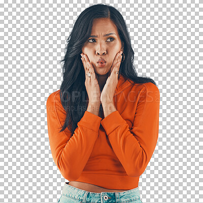 Thinking, kiss face and woman with doubt about choice isolated on a transparent, png background. Style, fashion and fish face with a latino woman unsure about her stylish contemplative ideas