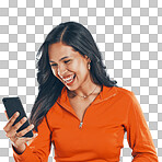 Excited, phone and woman browsing online for good news while isolated on a transparent, png background.  Meme, social media and latino female scrolling the internet with joy on cellphone