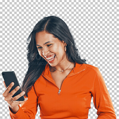 Excited, phone and woman browsing online for good news while isolated on a transparent, png background. Meme, social media and latino female scrolling the internet with joy on cellphone