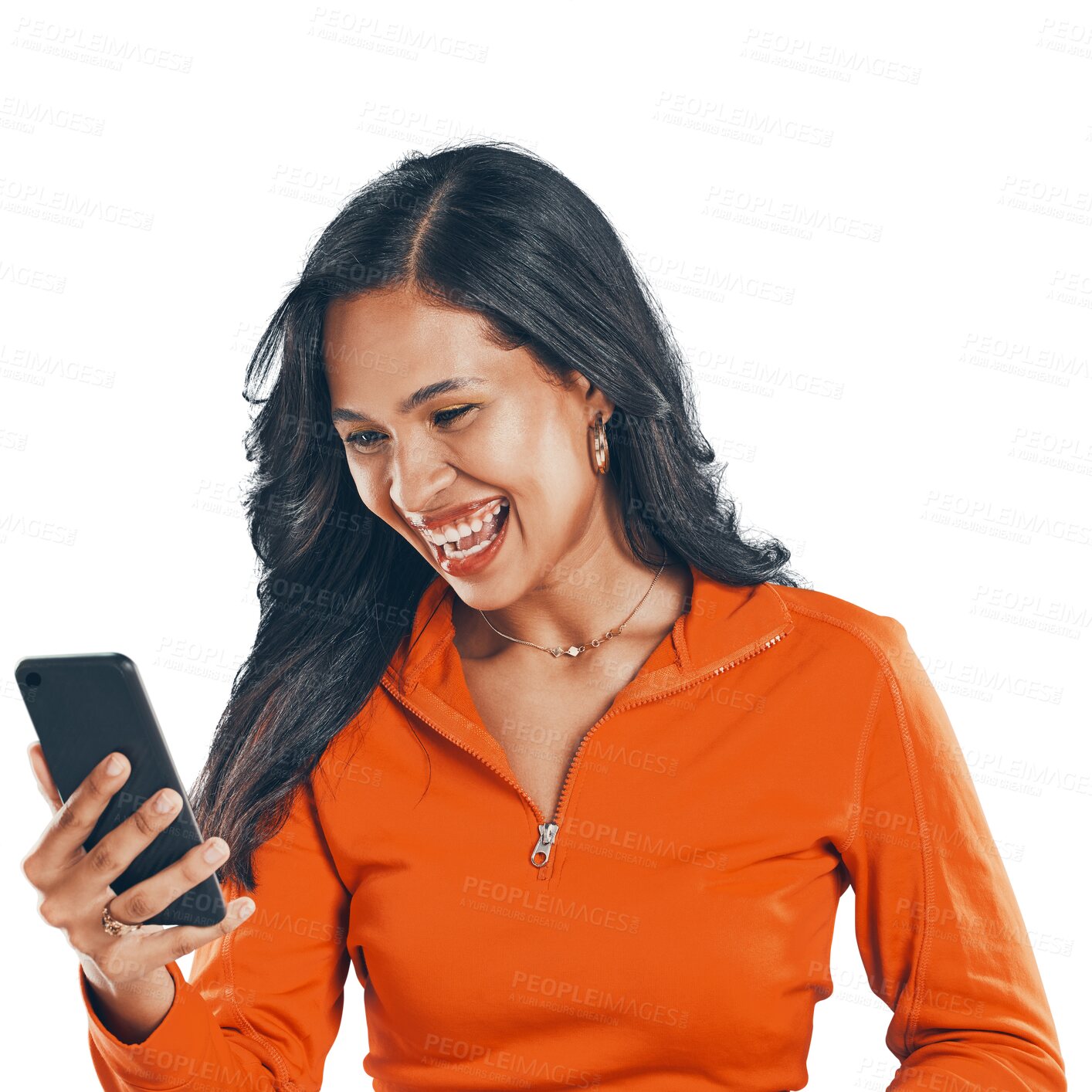 Buy stock photo Smile, smartphone and woman online for good news in png or transparent background. Meme or funny clip, social media and latino female scrolling the internet with joy or excitement in isolated space