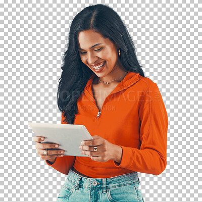 Fashion, style and woman browsing on a tablet for happy ecommerce online shopping while isolated on a png background. Transparent, trendy and smiling hispanic female with trendy meme on the internet