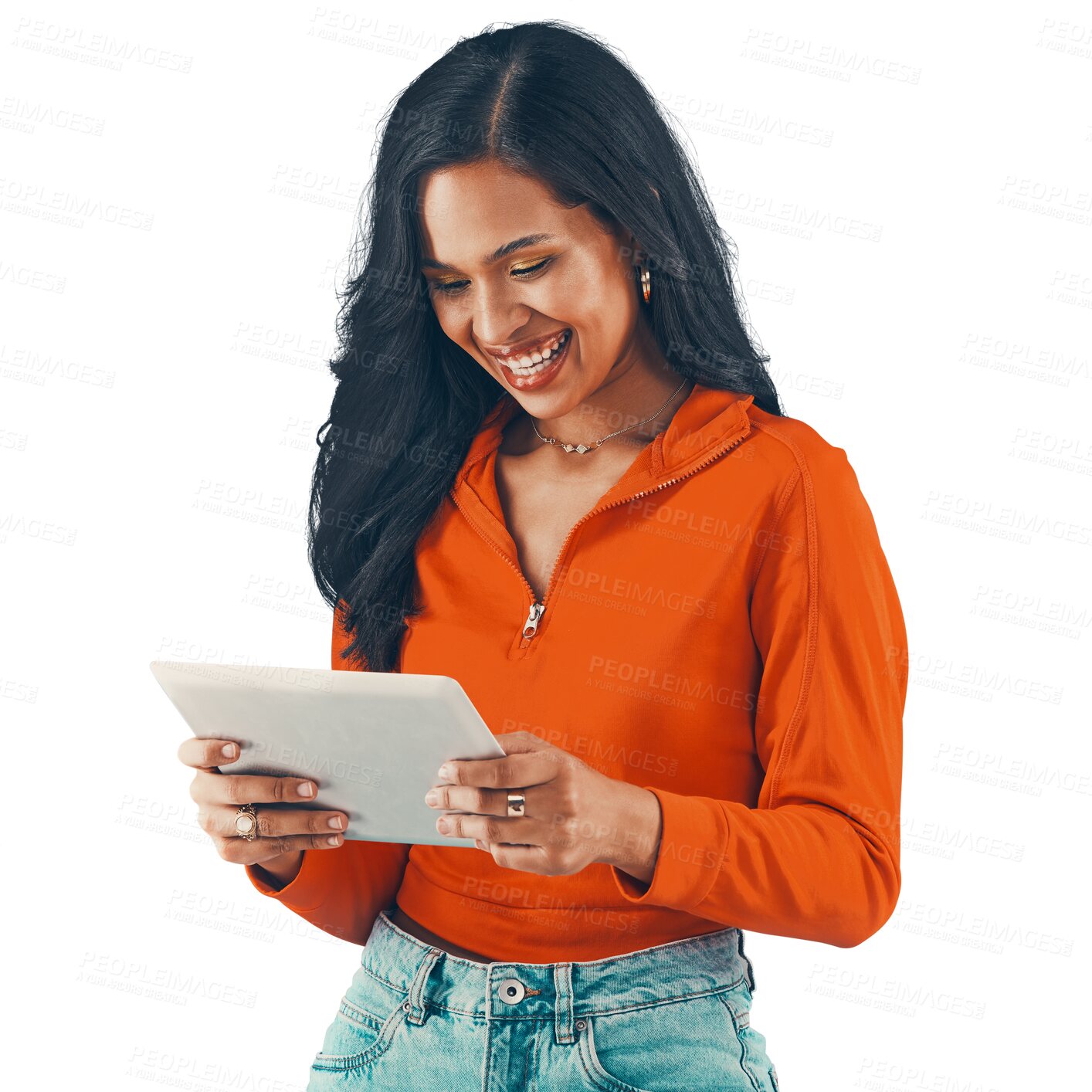 Buy stock photo Happy, app and woman with a tablet, connection and social media isolated on a transparent background. Female person, lady and model with technology, online reading and search internet for info or png