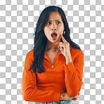 Shock, face and stylish woman thinking with omg expression isolated on a png, transparent background. Contemplating, wow and surprised hispanic female with shocked idea in a fashion outfit