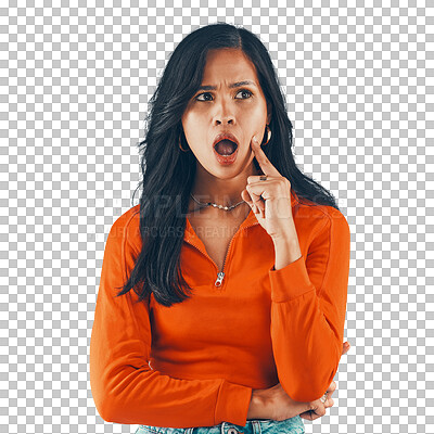 Shock, face and stylish woman thinking with omg expression isolated on a png, transparent background. Contemplating, wow and surprised hispanic female with shocked idea in a fashion outfit