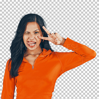 Portrait, tongue out and silly woman posing with stylish fashion while isolated on a transparent, png background. Contemporary style, peace sign and goofy female with attitude and symbol