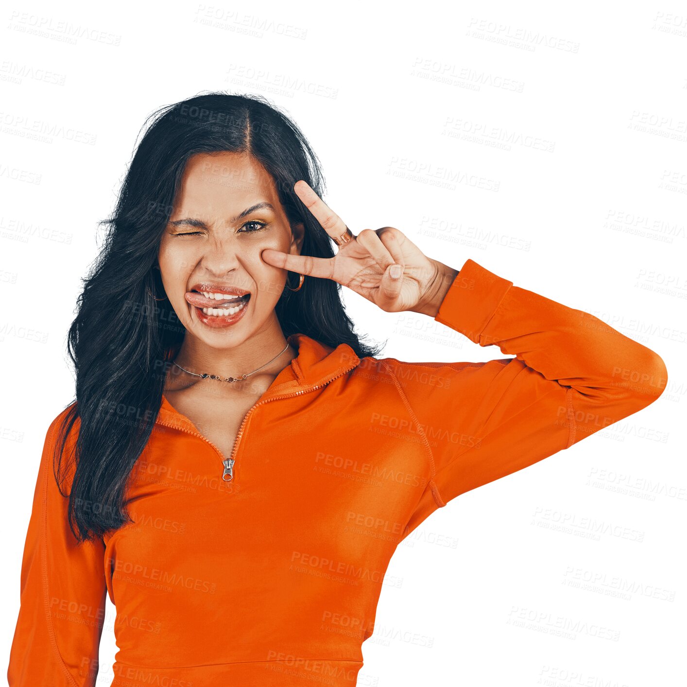 Buy stock photo Portrait, tongue out and silly woman posing with stylish fashion isolated on a transparent png background. Female with funny face showing peace sign, emoji and goofy facial expression or attitude