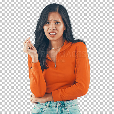 Upset, unhappy portrait of a woman looking irritated while isolated on a transparent png background. Disgusted, face and annoyed latino female looking angry in contemporary fashion clothing