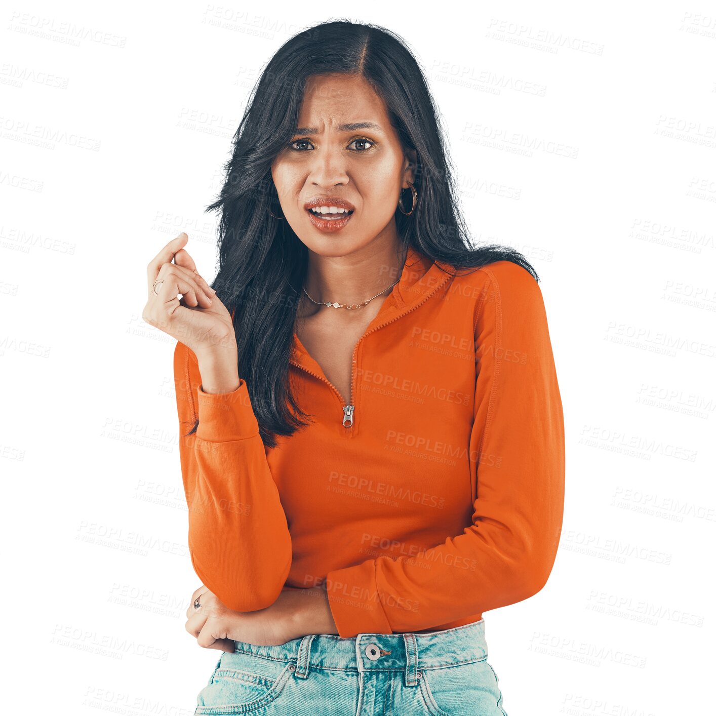 Buy stock photo Frustrated, angry or annoyed woman with attitude on an isolated and transparent png background. Face, disgusted and serious latino female with unhappy pose or body gesture in a isolated space.