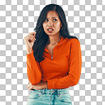 Doubt, thinking and unhappy woman contemplating on a transparent, isolated png background. Unsure, annoyed and irritated hispanic female think or brainstorming ideas in trendy clothing with style