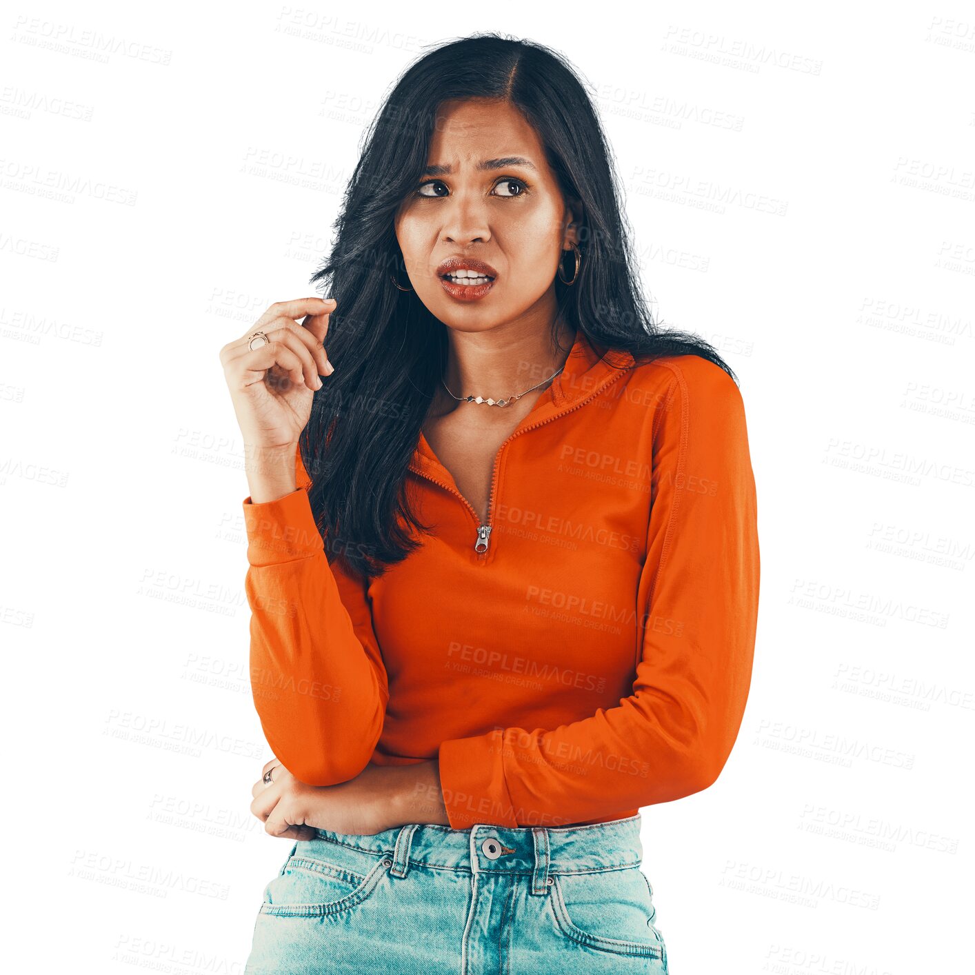 Buy stock photo Doubt, thinking and unhappy woman contemplating isolated on a transparent png background. Unsure, annoyed and irritated female model with disgusted facial expression in stylish and vibrant clothing