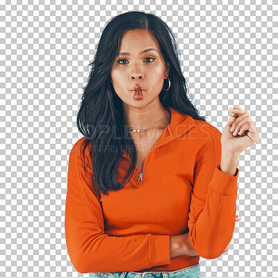 Portrait, silly woman and kiss in fashionable clothing while isolated on a transparent, png background. Pouting, fish face and goofy latino female with trendy and stylish or contemporary attitude