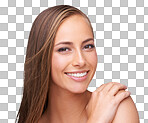 Portrait, beauty and skincare with a model woman for natural treatment on an isolated and transparent png background. Salon, hair and face with a beautiful young female posing to promote skin care